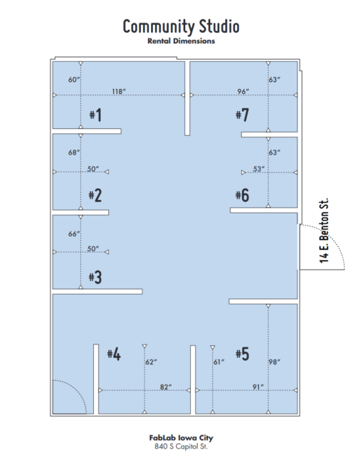 A top-down drawing of seven spaces within a large studio